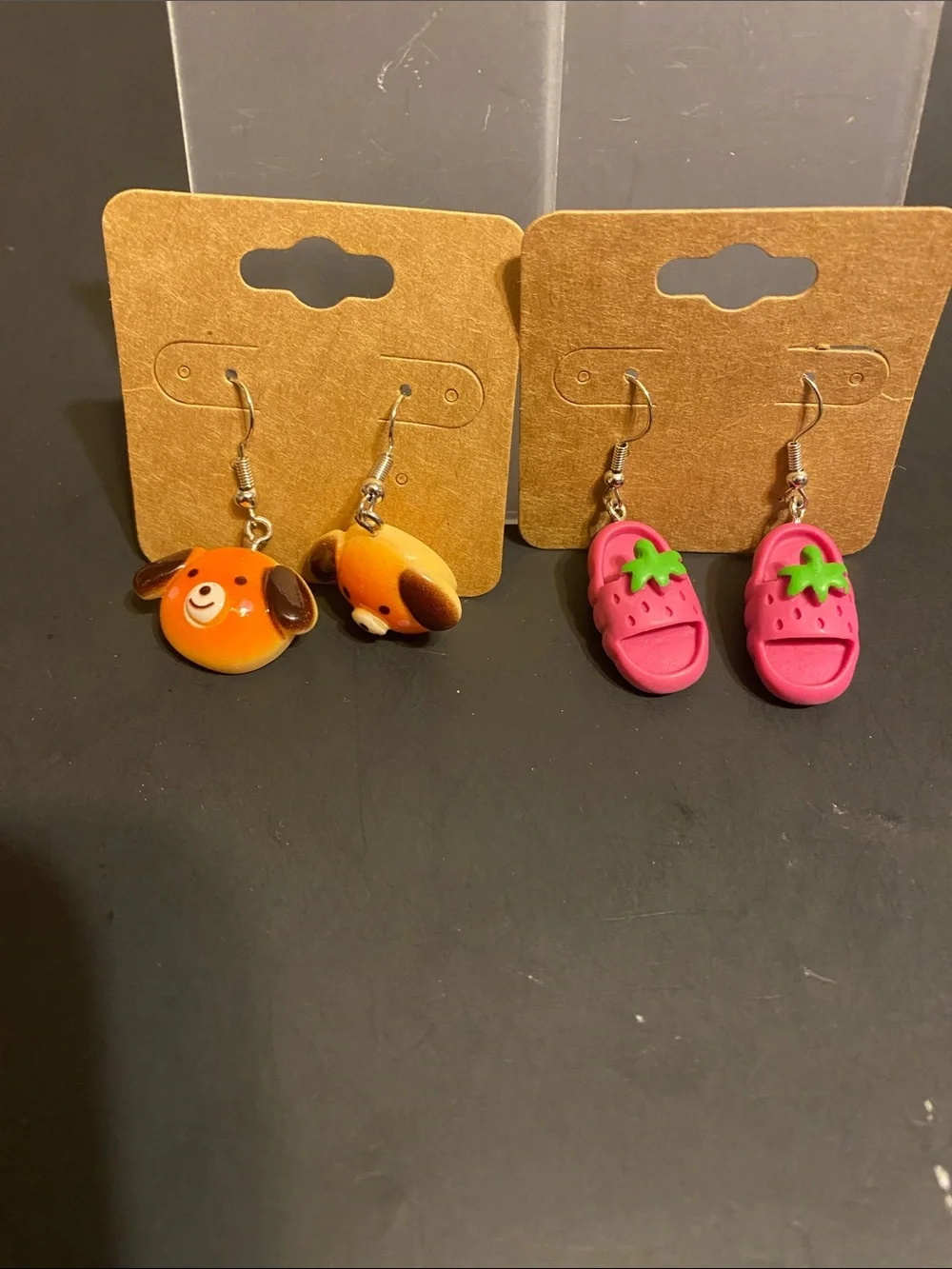 Kids Cute Dog and Strawberry Pink Dangle Earrings - Set of 2